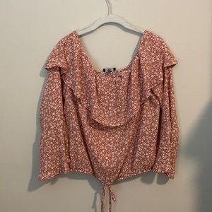 Off the shoulder pink womens blouse with bell sleeve and tied bottom